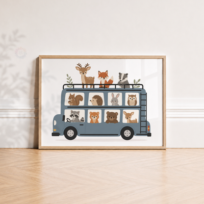 Woodland Animal Bus Print – Fox, Deer, Bear & Forest Nursery Wall Art