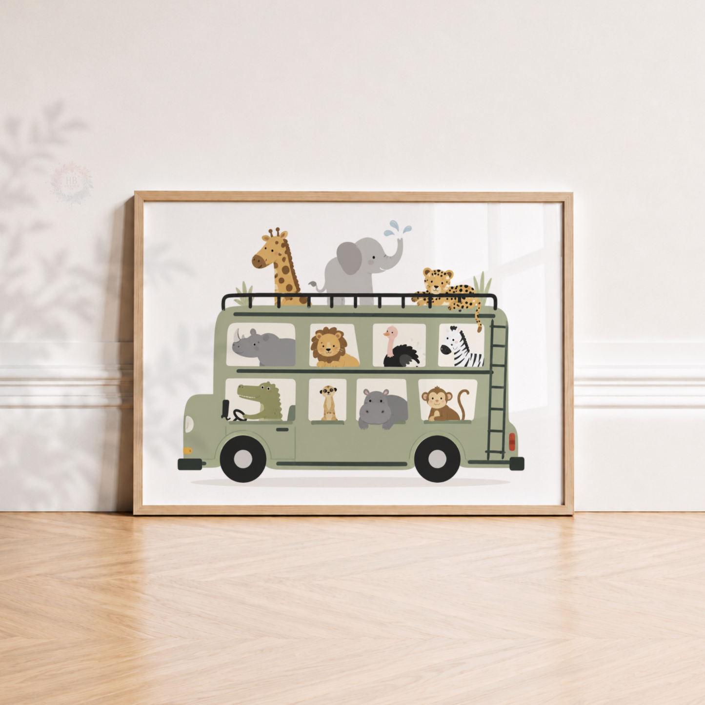 Safari Animal Bus Print – Jungle Animals Nursery Wall Art