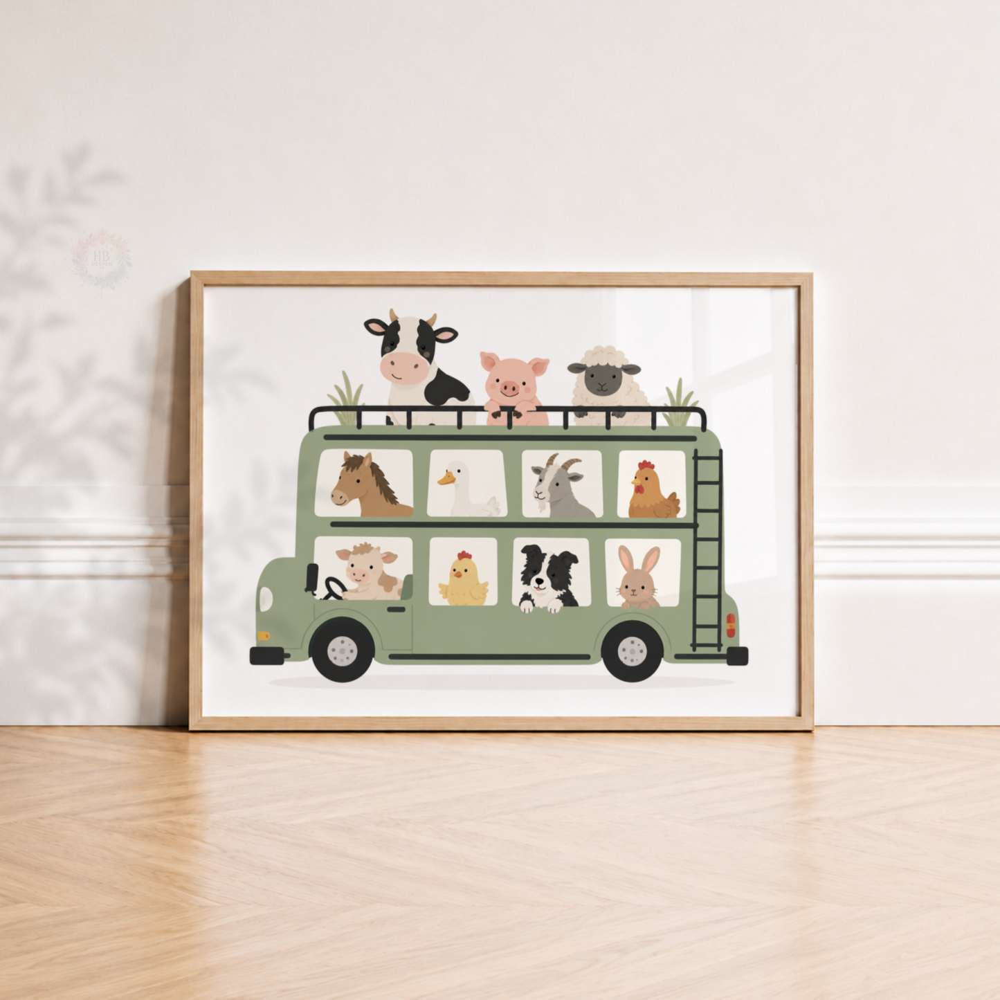 Farm Animal Bus Print – Cow, Pig, Sheep & Farmyard Nursery Wall Art