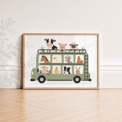 Farm Animal Bus Print – Cow, Pig, Sheep & Farmyard Nursery Wall Art