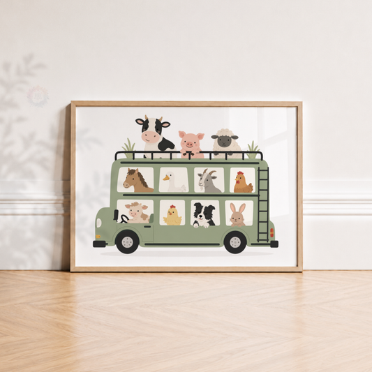 Farm Animal Bus Print – Cow, Pig, Sheep & Farmyard Nursery Wall Art