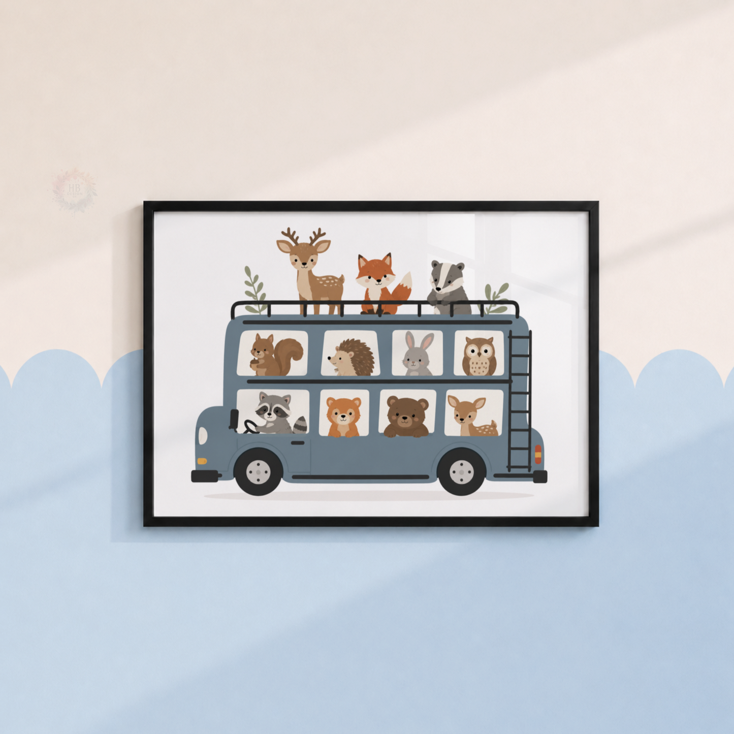 Woodland Animal Bus Print – Fox, Deer, Bear & Forest Nursery Wall Art