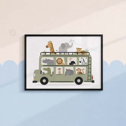Safari Animal Bus Print – Jungle Animals Nursery Wall Art