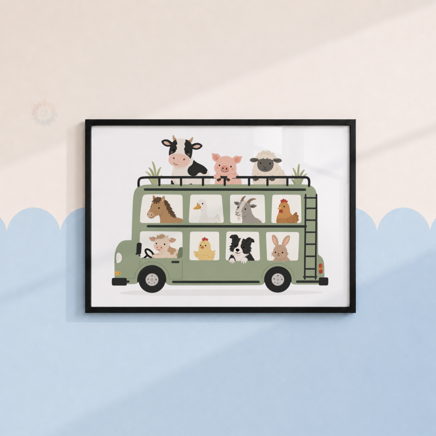 Farm Animal Bus Print – Cow, Pig, Sheep & Farmyard Nursery Wall Art