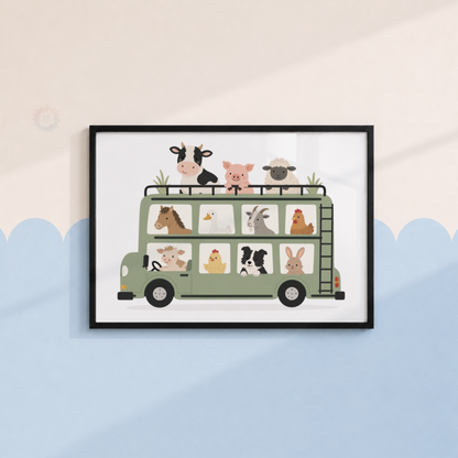 Farm Animal Bus Print – Cow, Pig, Sheep & Farmyard Nursery Wall Art