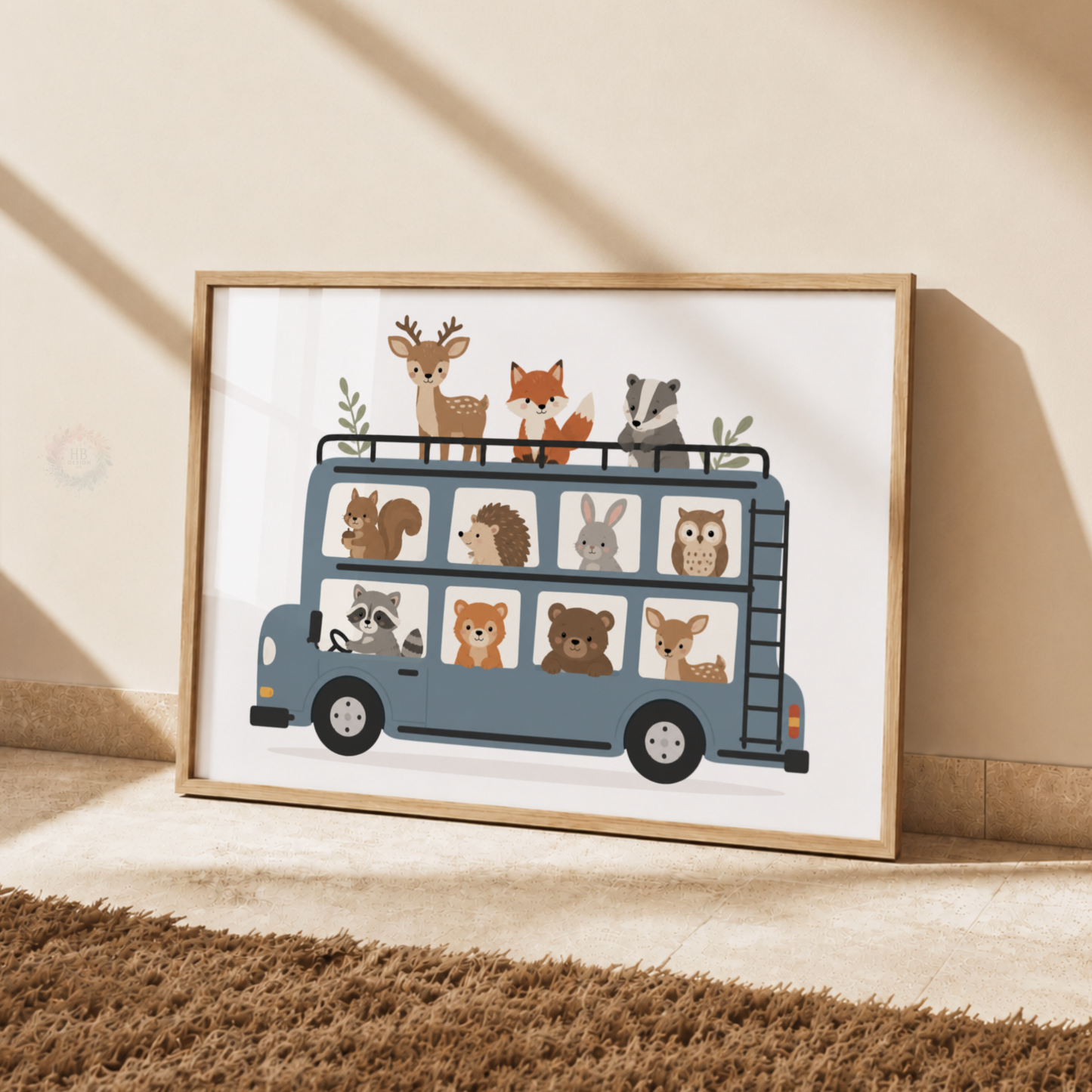 Woodland Animal Bus Print – Fox, Deer, Bear & Forest Nursery Wall Art