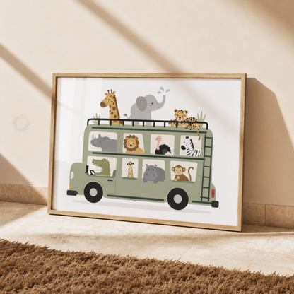 Safari Animal Bus Print – Jungle Animals Nursery Wall Art