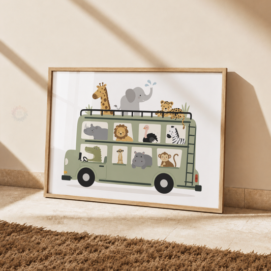 Safari Animal Bus Print – Jungle Animals Nursery Wall Art