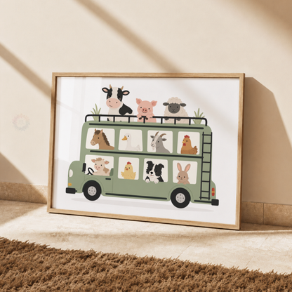 Farm Animal Bus Print – Cow, Pig, Sheep & Farmyard Nursery Wall Art