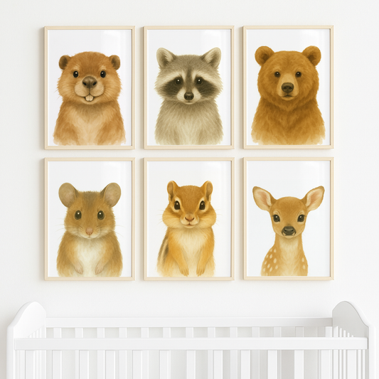 Beaver, Racoon, Bear, Mouse, Chipmunk & Deer - Woodland Nursery Print Set of 6