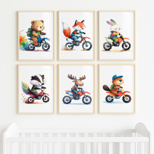 Watercolour Woodland Animal Bikers - Animal Motorbike Print Set of 6