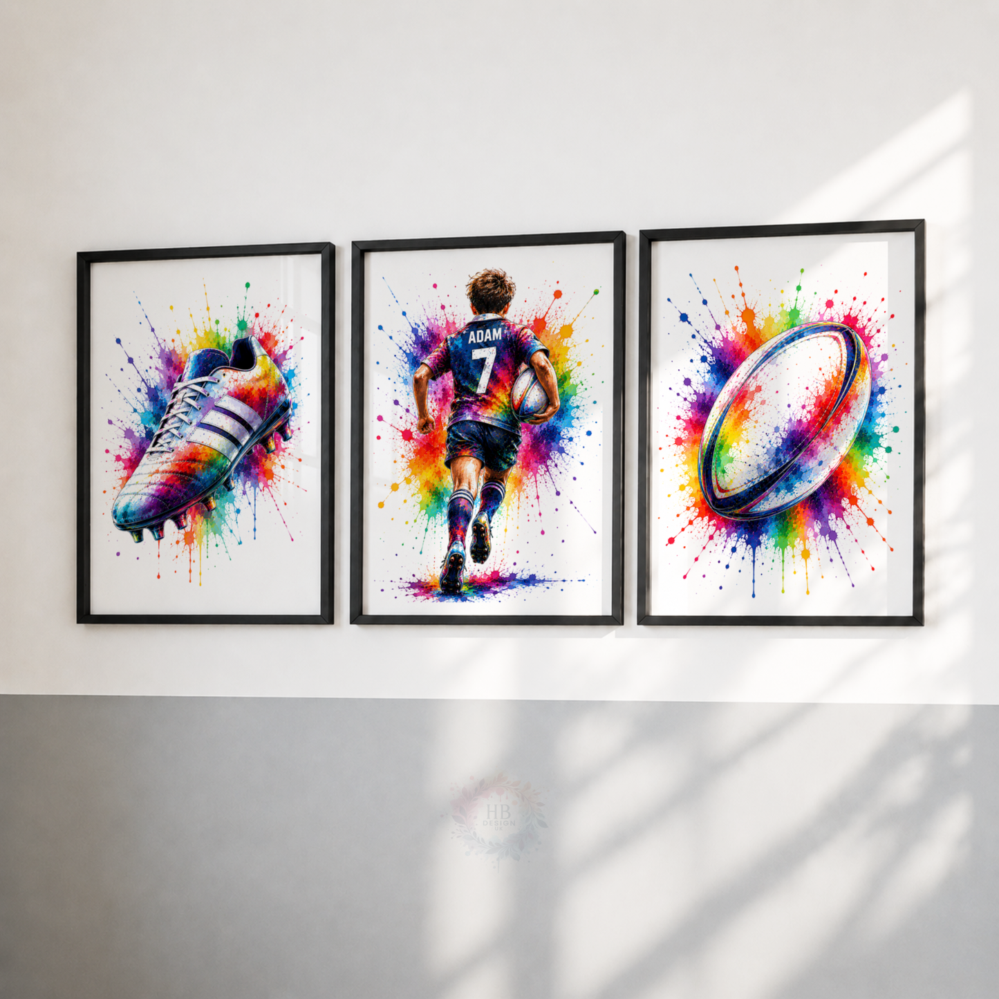 Personalised Rugby Wall Art Print Set – Colourful Custom Name & Number