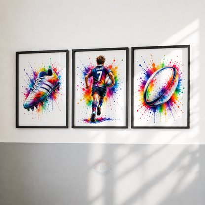 Personalised Rugby Wall Art Print Set – Colourful Custom Name & Number