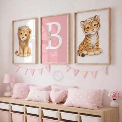 Personalised Pink Safari Nursery Prints – Baby Lion & Tiger Floral Wall Art Set