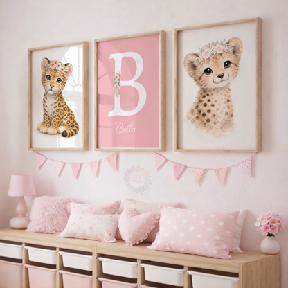 Personalised Pink Safari Nursery Prints – Baby Leopard & Cheetah Floral Wall Art Set