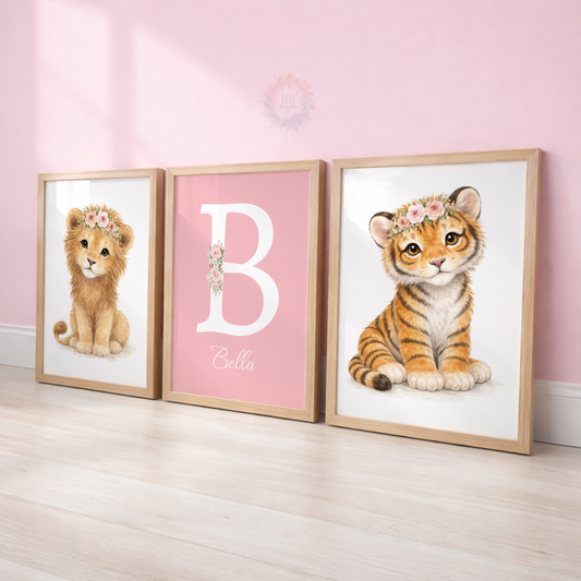 Personalised Pink Safari Nursery Prints – Baby Lion & Tiger Floral Wall Art Set