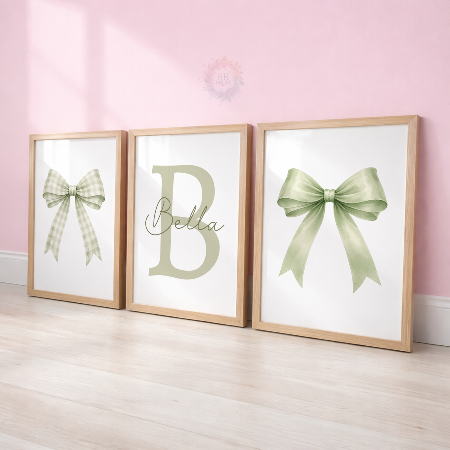 Personalised Sage Green Bow Nursery Prints – Custom Initial & Name Wall Art Set