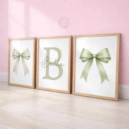 Personalised Sage Green Bow Nursery Prints – Custom Initial & Name Wall Art Set