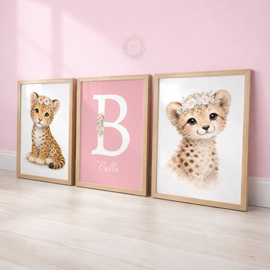 Personalised Pink Safari Nursery Prints – Baby Leopard & Cheetah Floral Wall Art Set