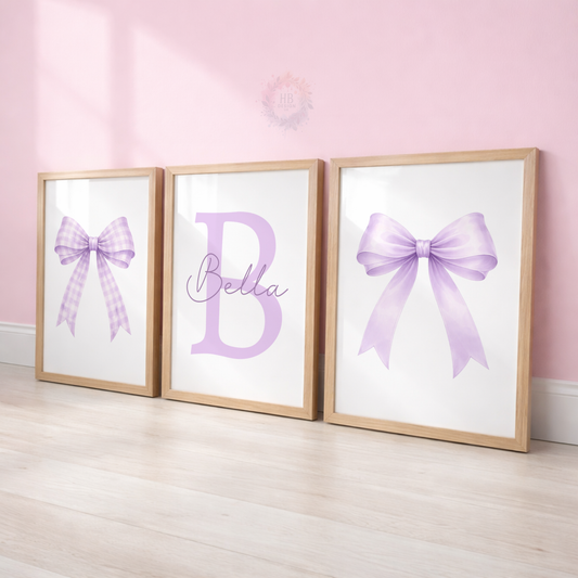 Personalised Lilac Bow Nursery Prints – Custom Initial & Name Wall Art Set