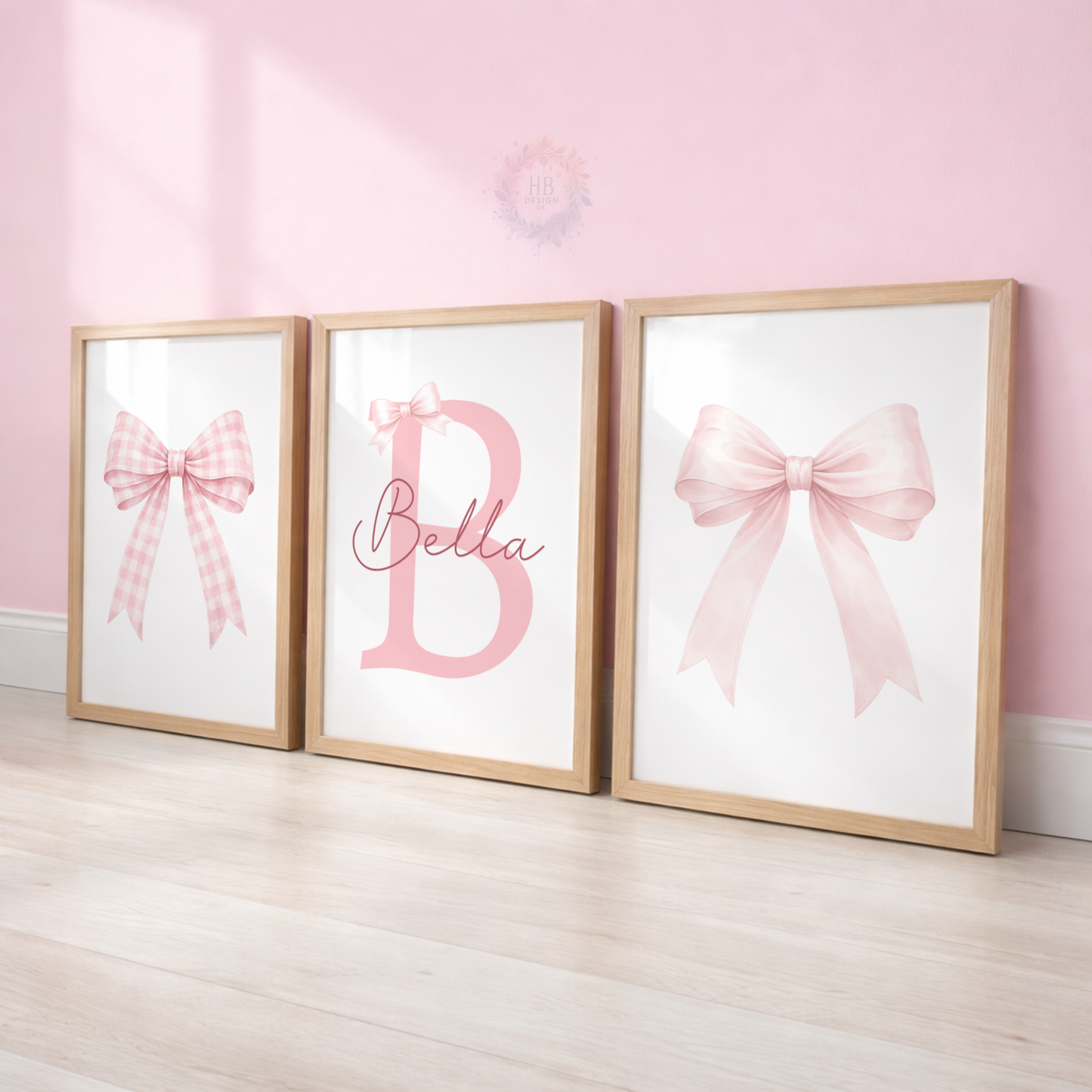 Personalised Pink Bow Nursery Prints – Custom Initial & Name Wall Art Set