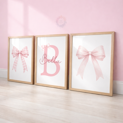 Personalised Pink Bow Nursery Prints – Custom Initial & Name Wall Art Set