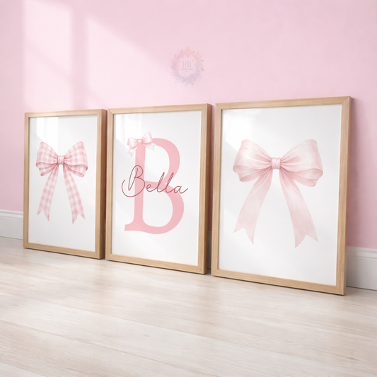 Personalised Pink Bow Nursery Prints – Custom Initial & Name Wall Art Set
