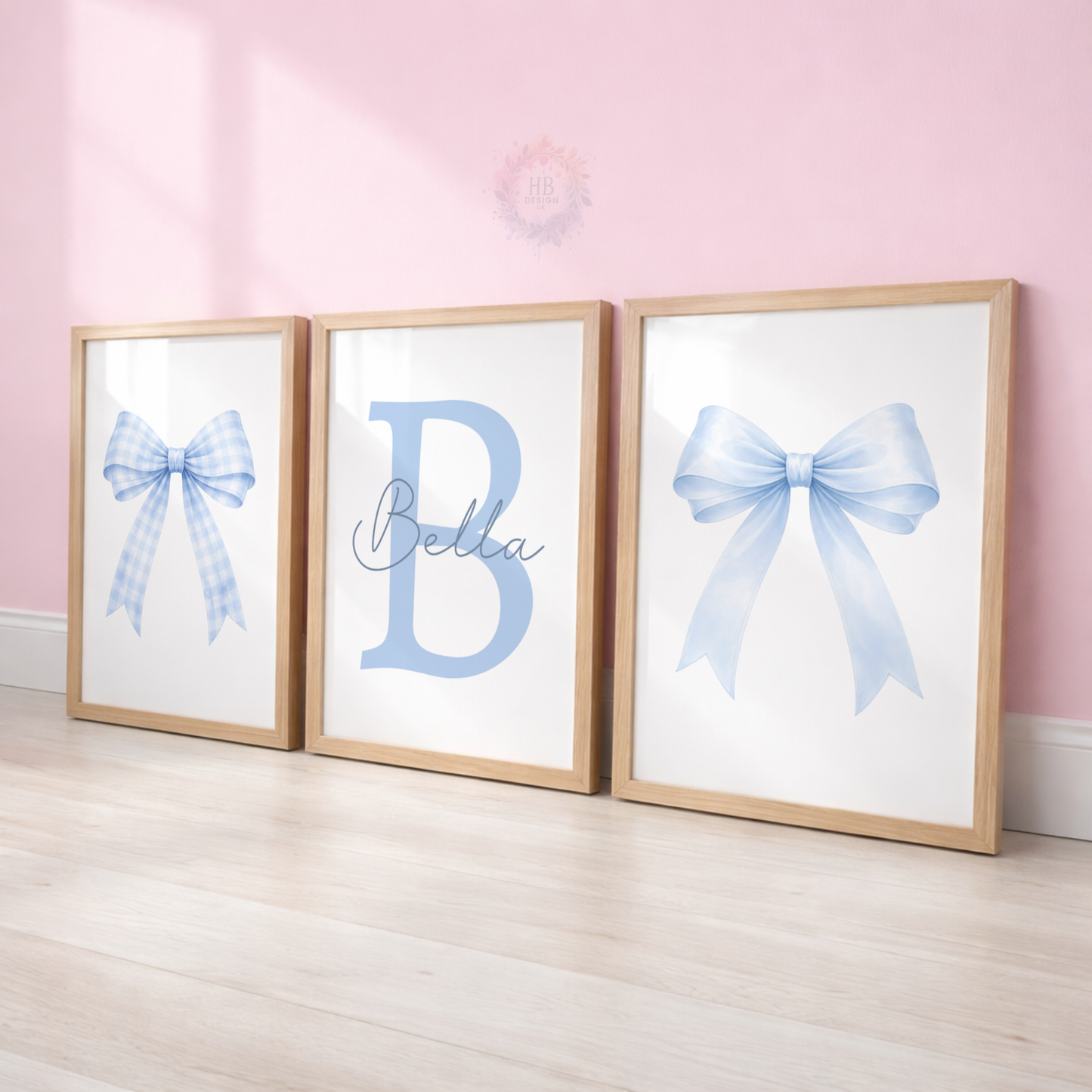 Personalised Blue Bow Nursery Prints – Custom Initial & Name Wall Art Set