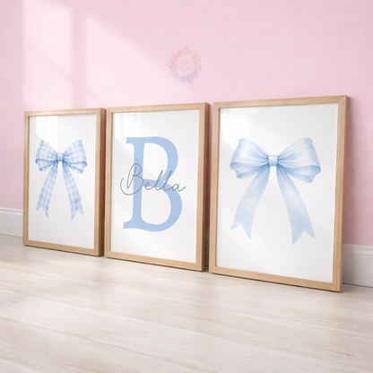 Personalised Blue Bow Nursery Prints – Custom Initial & Name Wall Art Set