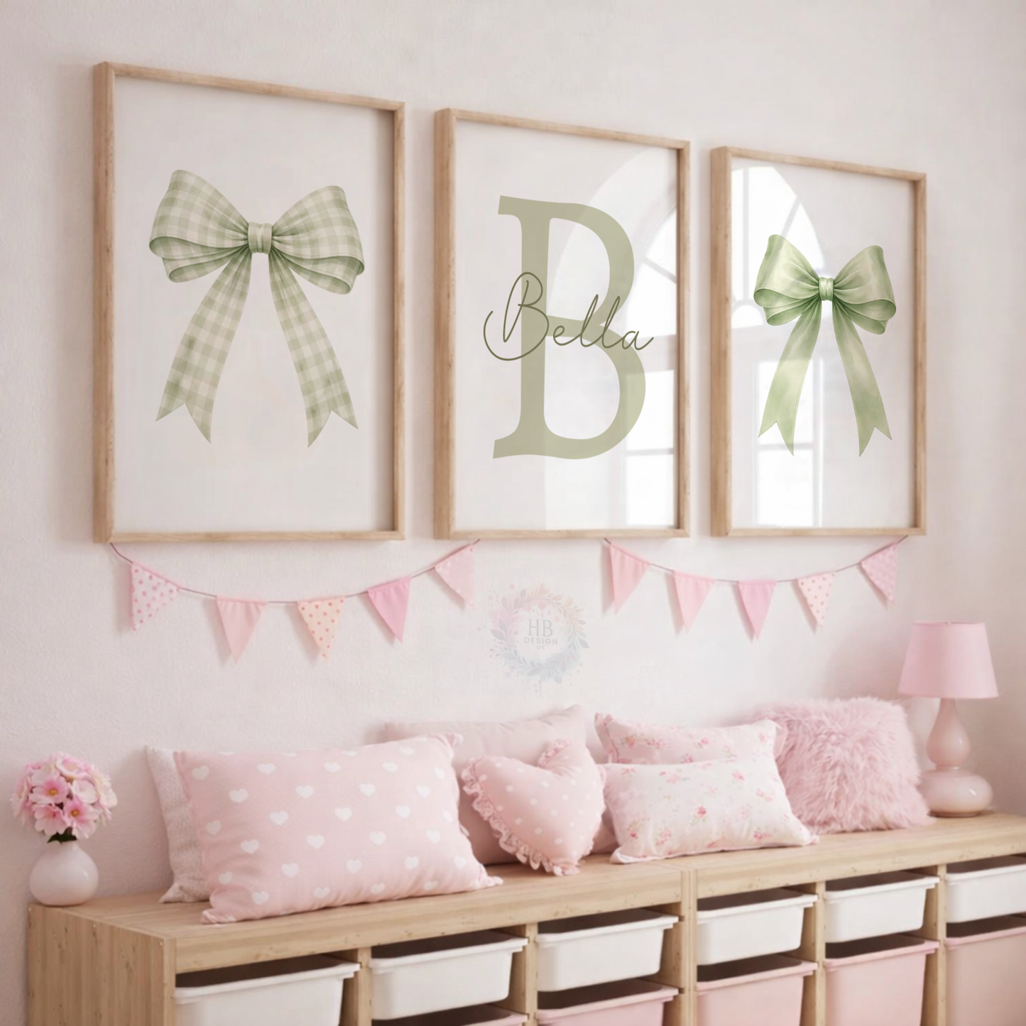 Personalised Sage Green Bow Nursery Prints – Custom Initial & Name Wall Art Set