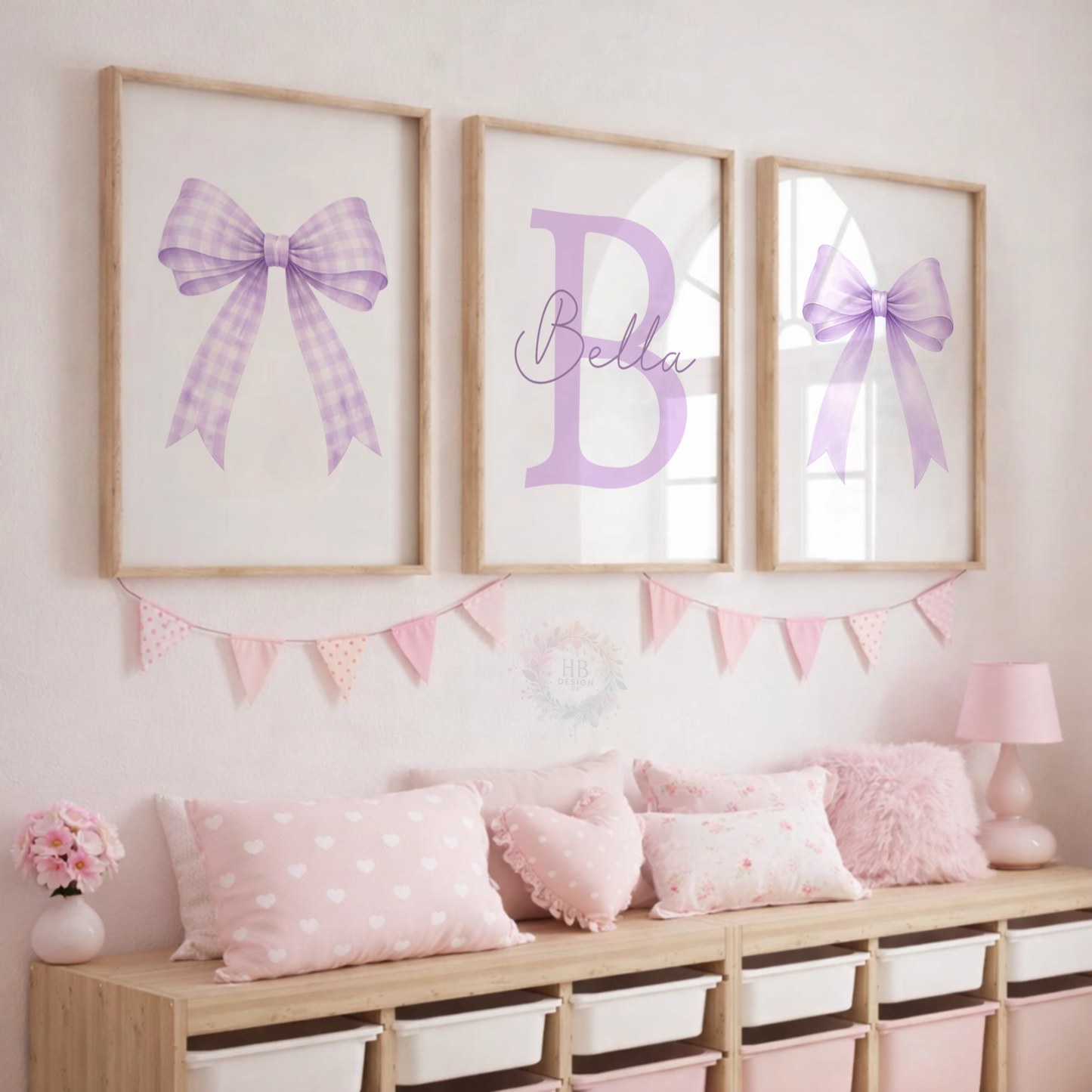 Personalised Lilac Bow Nursery Prints – Custom Initial & Name Wall Art Set