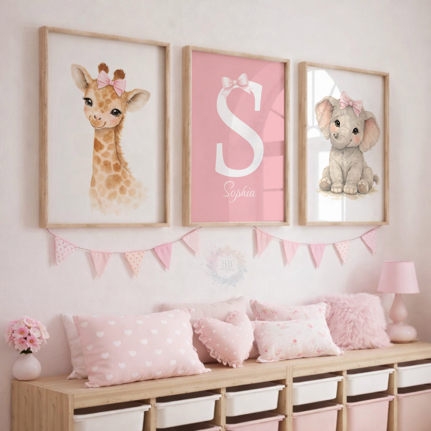 Personalised Pink Safari Nursery Prints – Giraffe, Initial & Elephant Wall Art Set