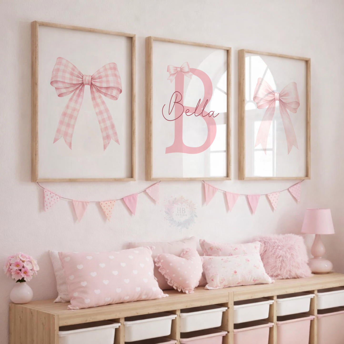 Personalised Pink Bow Nursery Prints – Custom Initial & Name Wall Art Set