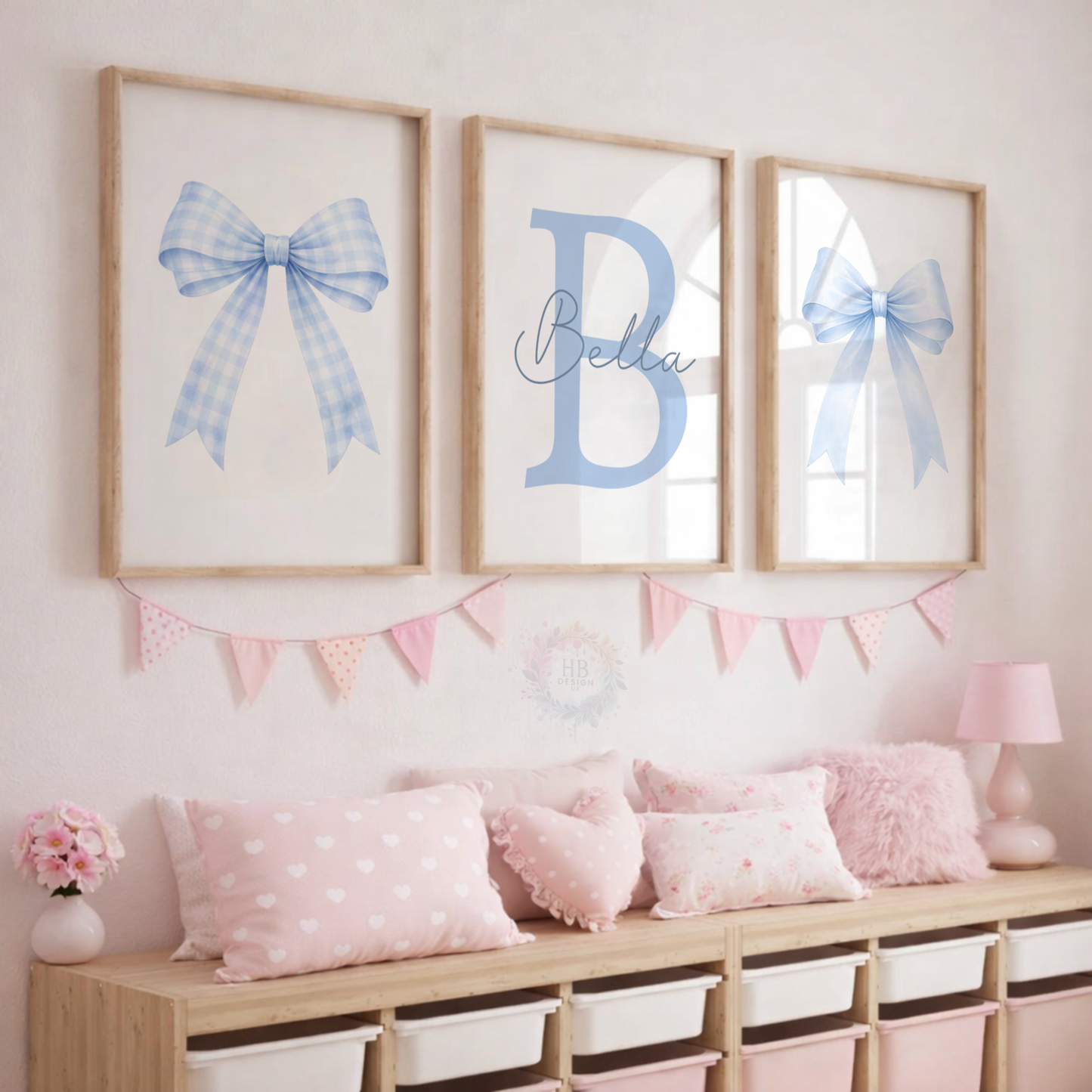Personalised Blue Bow Nursery Prints – Custom Initial & Name Wall Art Set
