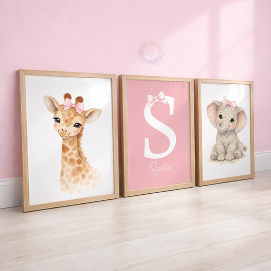 Personalised Pink Safari Nursery Prints – Giraffe, Initial & Elephant Wall Art Set