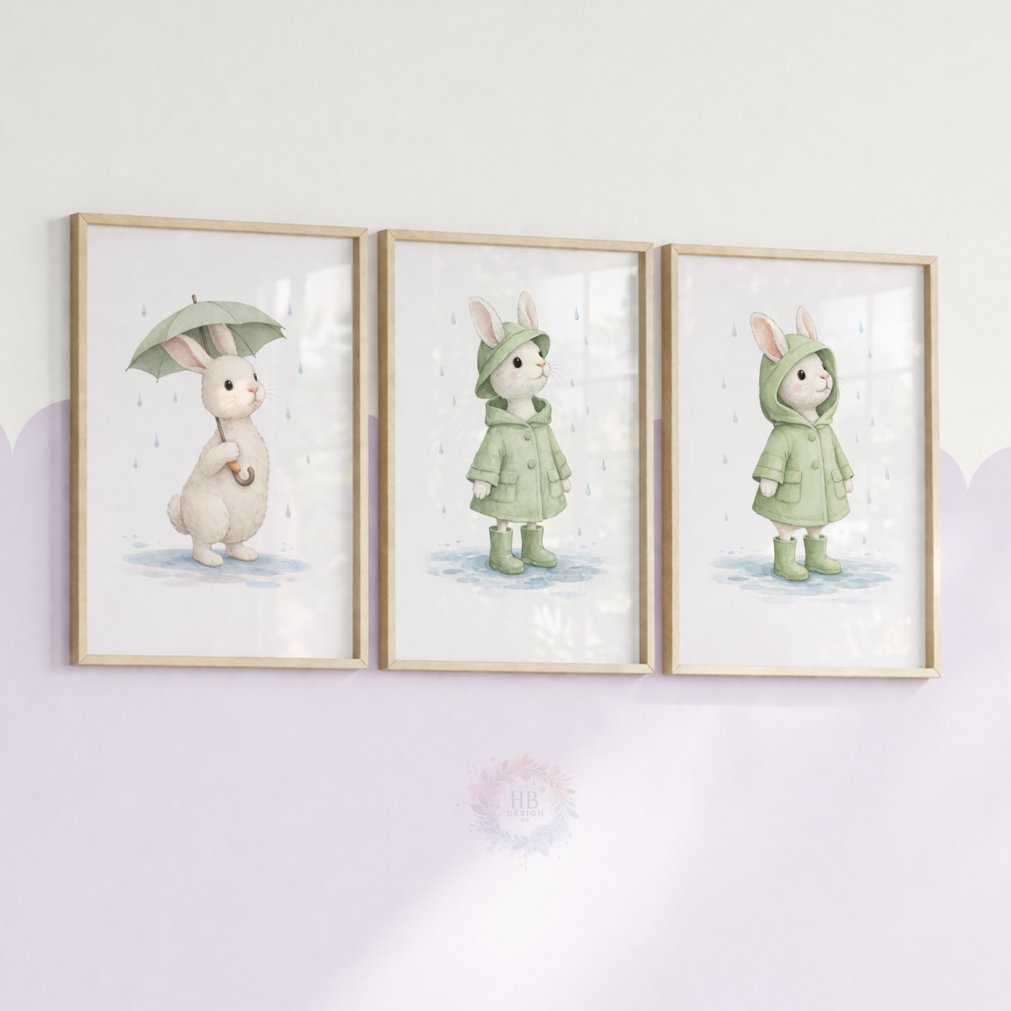 Bunny Nursery Prints Set of 3 – Rainy Day Rabbit Wall Art in Sage Green
