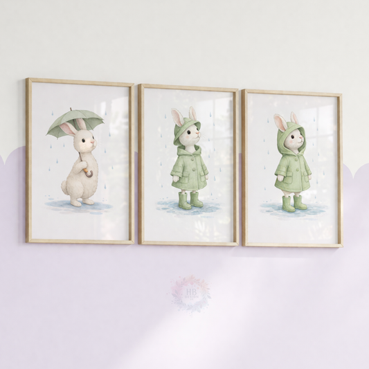 Bunny Nursery Prints Set of 3 – Rainy Day Rabbit Wall Art in Sage Green