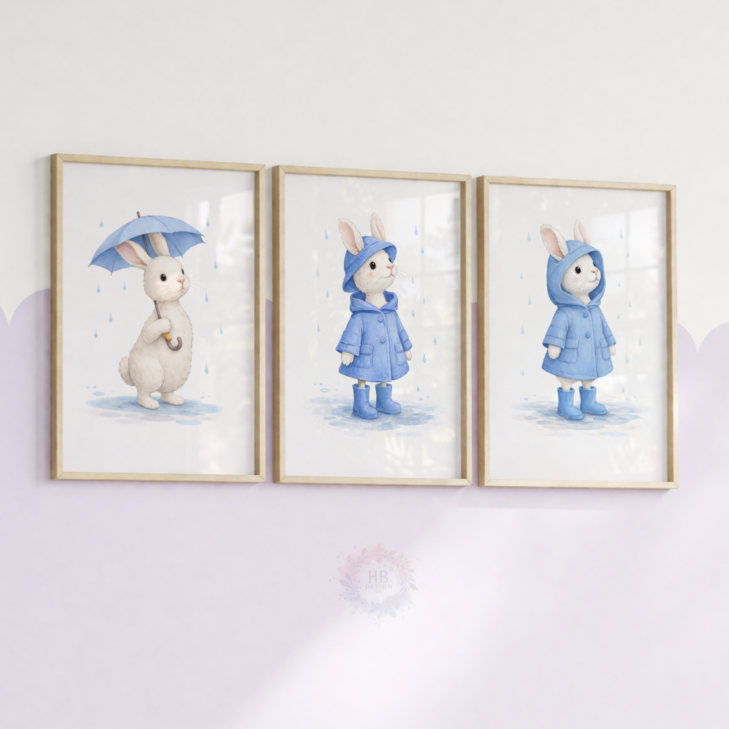 Blue Bunny Nursery Prints Set of 3 – Rainy Day Rabbit Wall Art