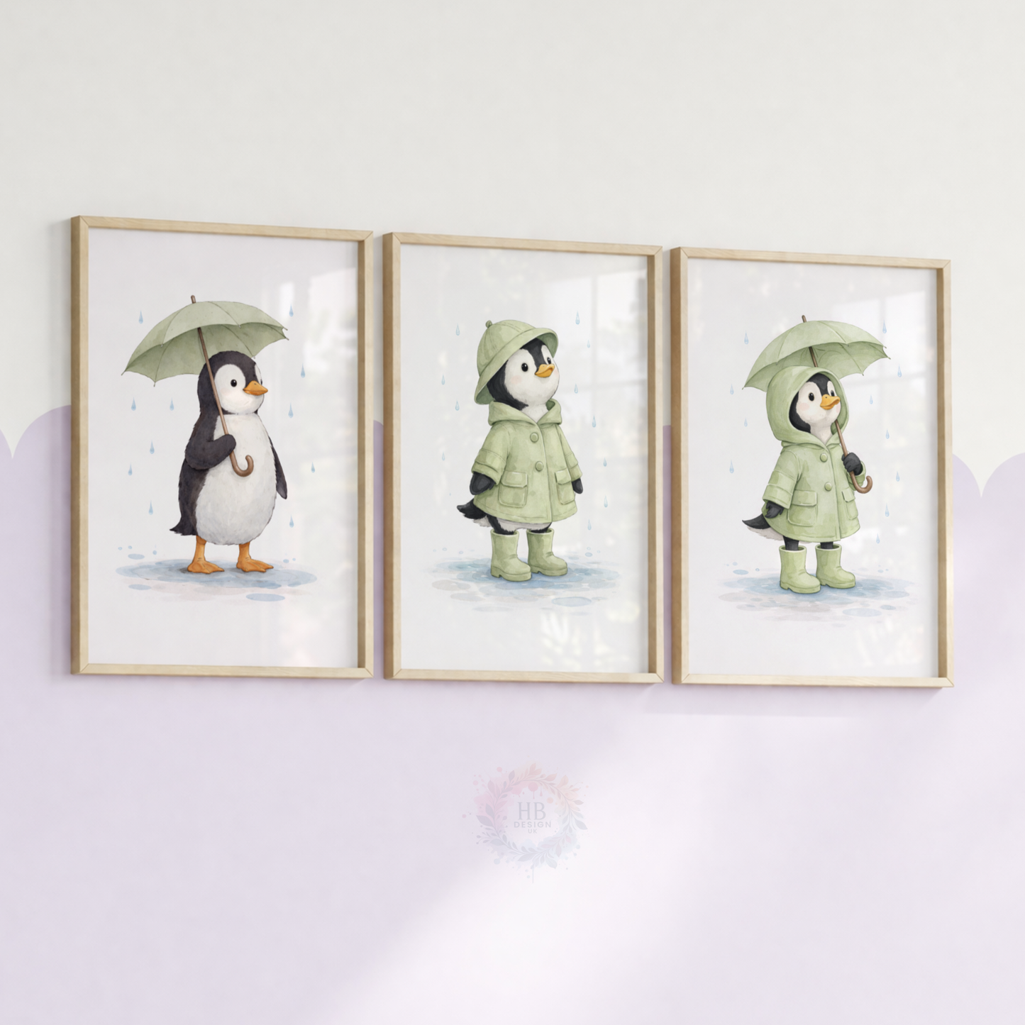 Penguin Nursery Prints Set of 3 – Cute Green Rainy Day Animal Wall Art