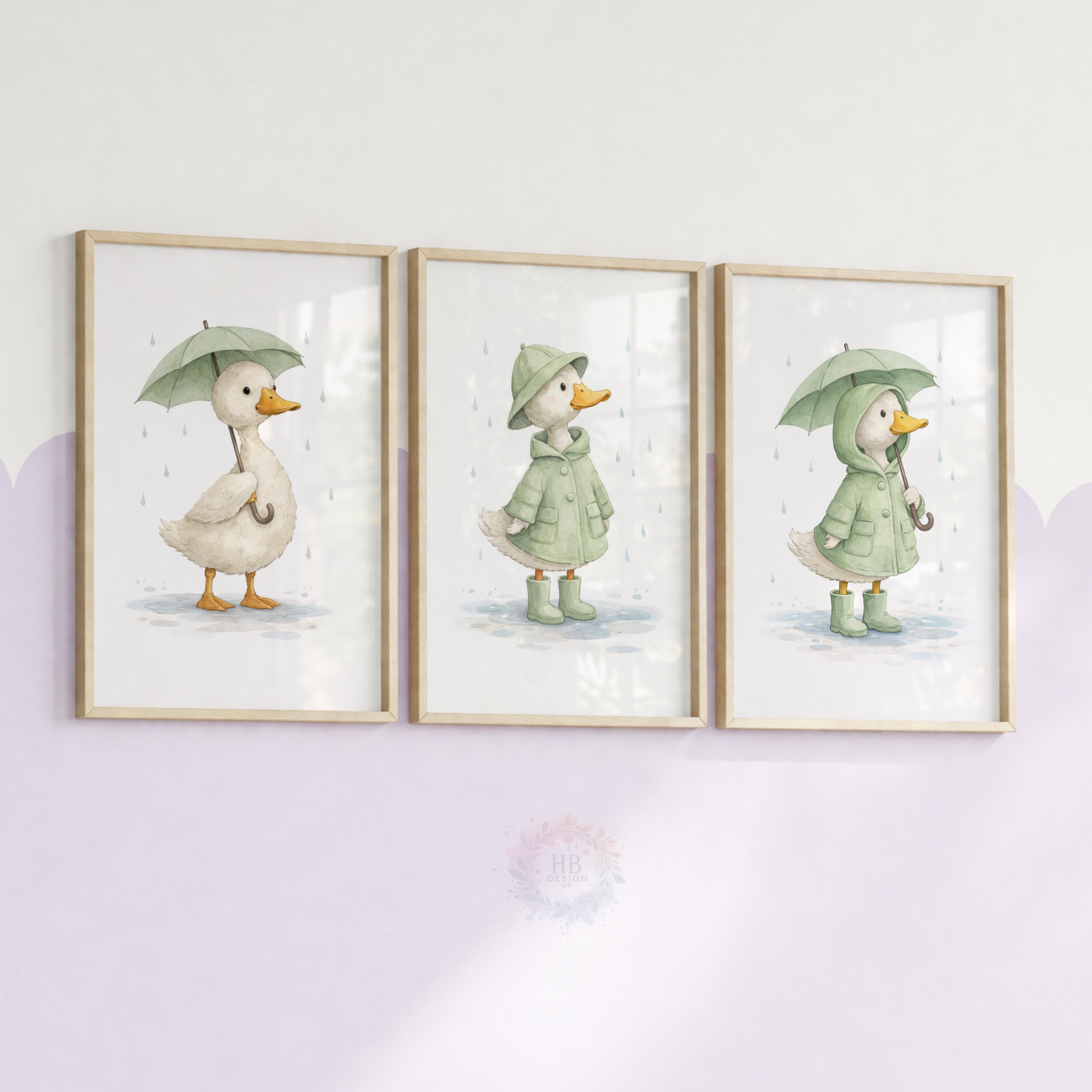 Duck Nursery Prints Set of 3 – Rainy Day Duck Wall Art in Sage Green