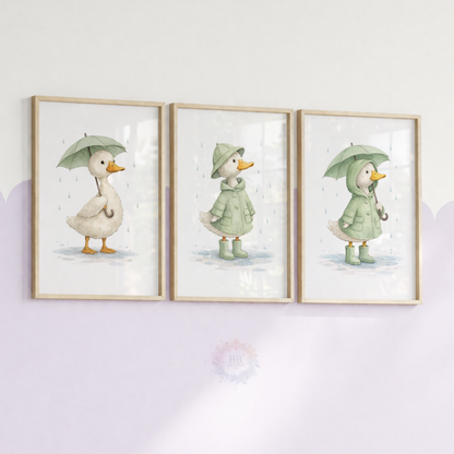Duck Nursery Prints Set of 3 – Rainy Day Duck Wall Art in Sage Green