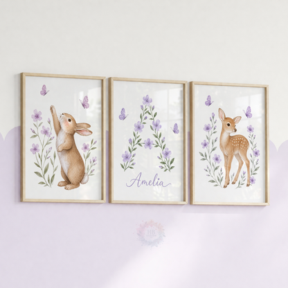 Personalised Woodland Nursery Prints – Bunny, Deer & Purple Floral Wall Art Set