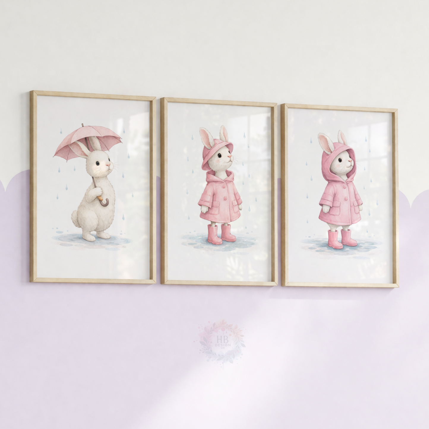 Pink Bunny Nursery Prints Set of 3 – Rainy Day Rabbit Wall Art