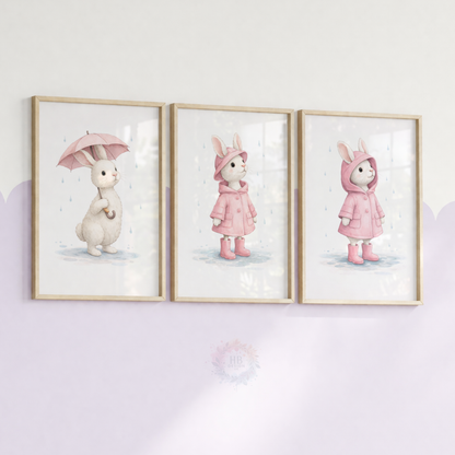Pink Bunny Nursery Prints Set of 3 – Rainy Day Rabbit Wall Art