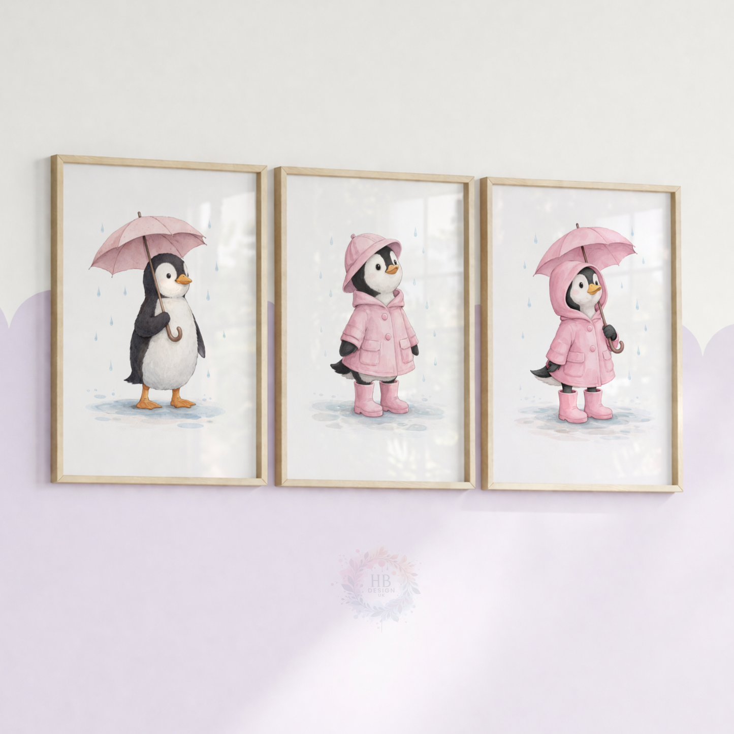 Pink Penguin Nursery Prints Set of 3 – Rainy Day Penguin Wall Art