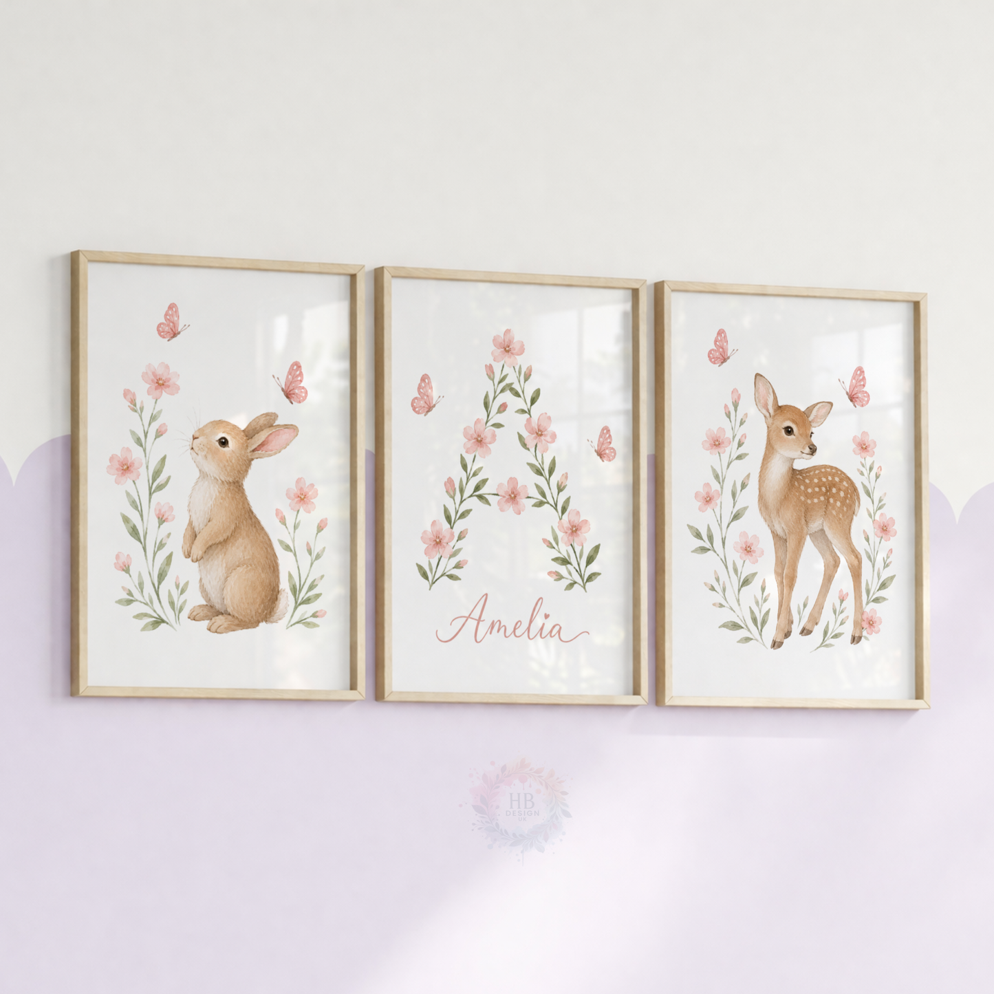 Personalised Woodland Nursery Prints – Bunny, Deer & Pink Floral Wall Art Set