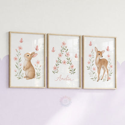 Personalised Woodland Nursery Prints – Bunny, Deer & Pink Floral Wall Art Set