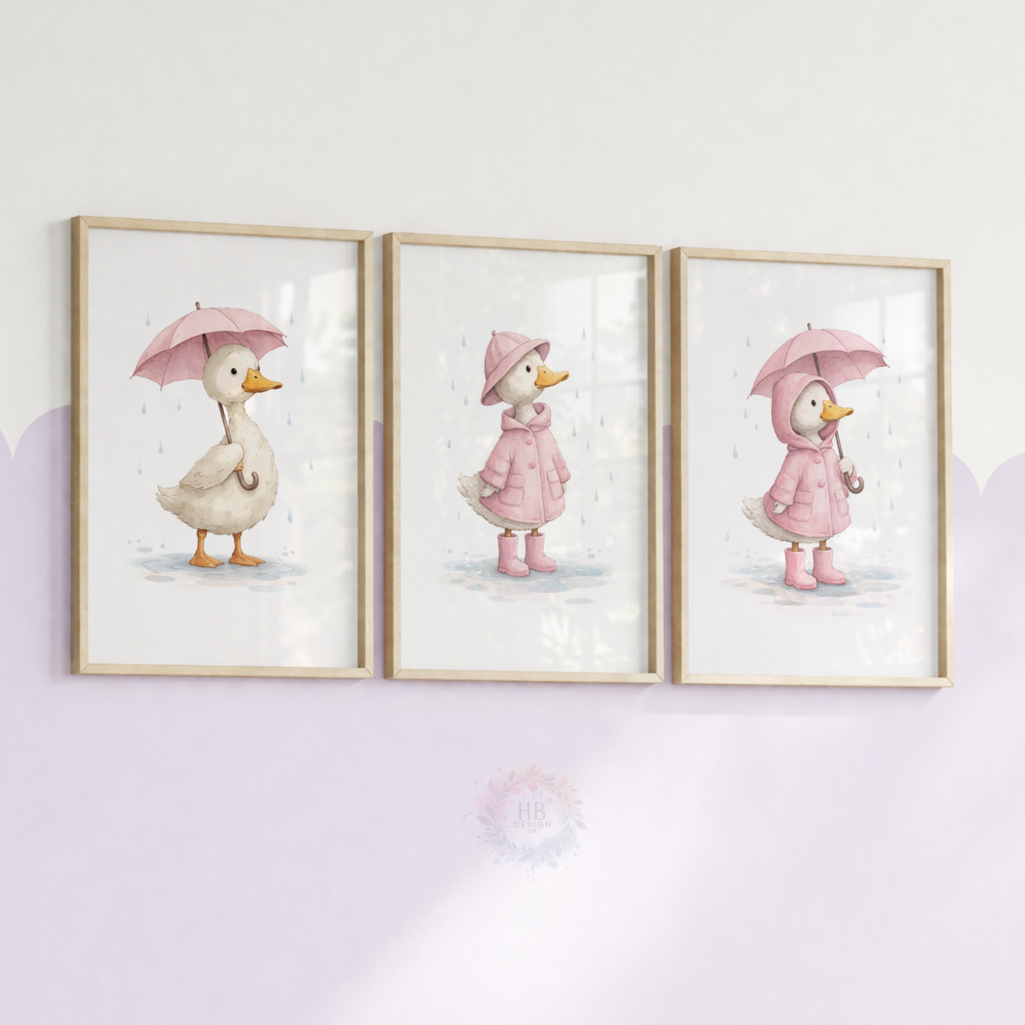 Pink Duck Nursery Prints Set of 3 – Rainy Day Duck Wall Art