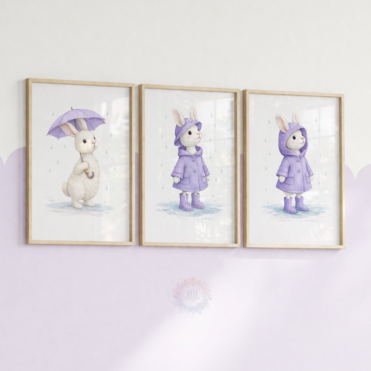 Purple Bunny Nursery Prints Set of 3 – Rainy Day Rabbit Wall Art