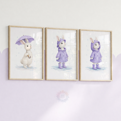 Purple Bunny Nursery Prints Set of 3 – Rainy Day Rabbit Wall Art